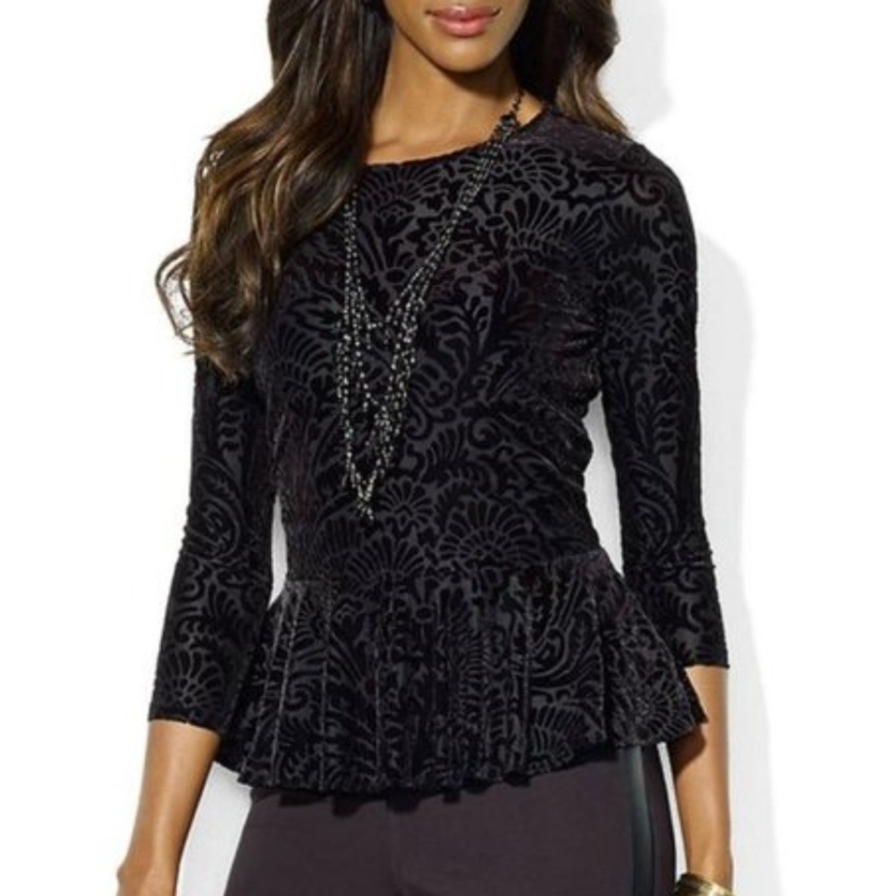 RALPH LAUREN | Black Burnout Velvet Whimsigoth Goth Witchy Peplum Blouse | XL